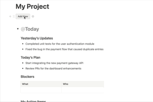 Template button for daily entry